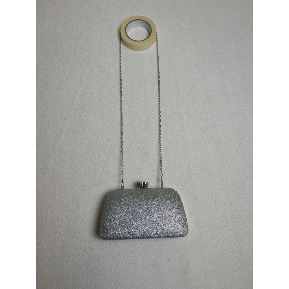 Silver Glitter Evening Clutch Bag Flower Crystal Clasp Chain Strap Formal Purse‎
